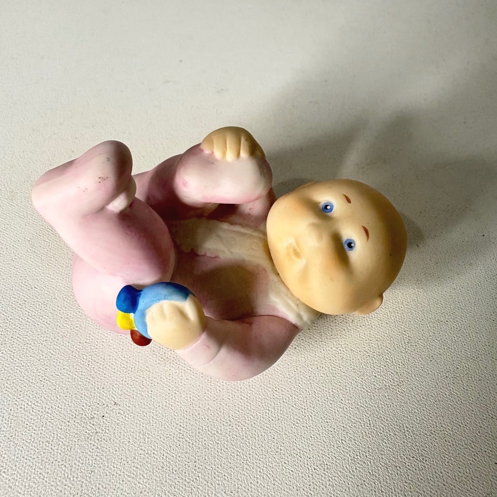 Vintage Cabbage Patch Kids Porcelain Figurine Baby in Pink Sleeper with Rattle